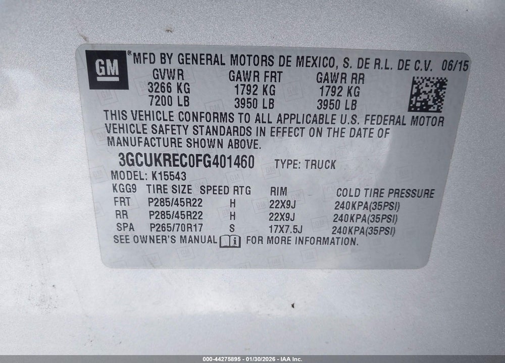 2015 CHEVROLET SILVERADO 1500 1LT VIN: 3GCUKREC0FG401460