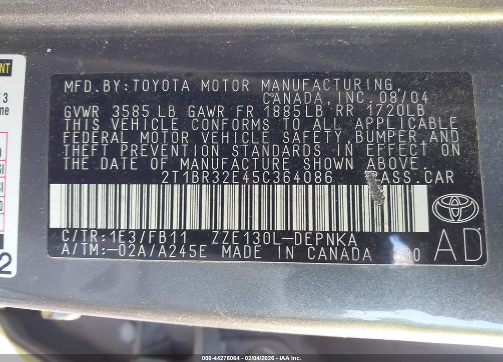 2005 TOYOTA COROLLA LE VIN: 2T1BR32E45C364086