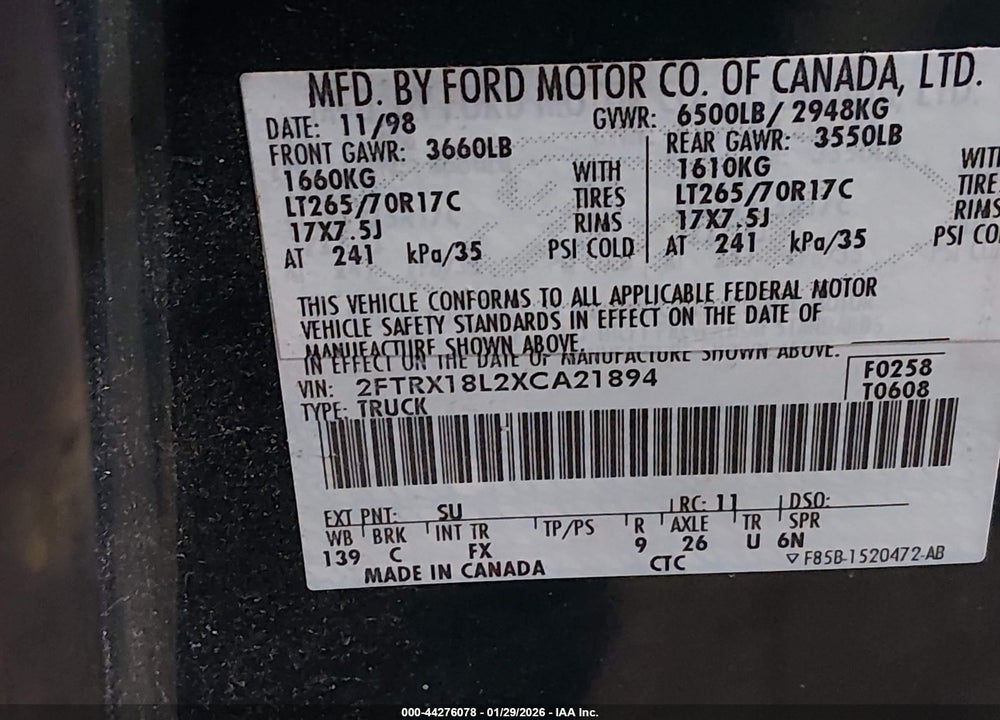 1999 FORD F-150 LARIAT/XL/XLT VIN: 2FTRX18L2XCA21894