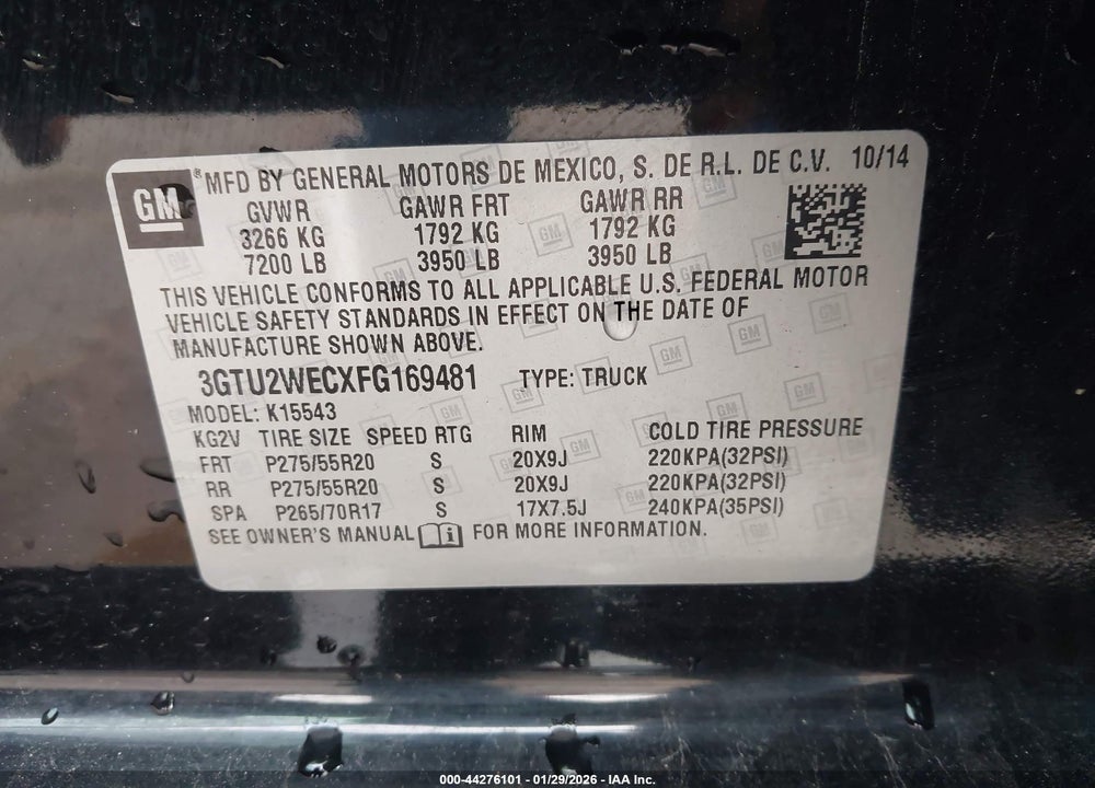 2015 GMC SIERRA 1500 DENALI VIN: 3GTU2WECXFG169481