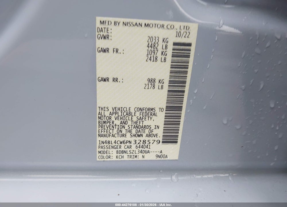 2023 NISSAN ALTIMA SR INTELLIGENT AWD VIN: 1N4BL4CW6PN328579