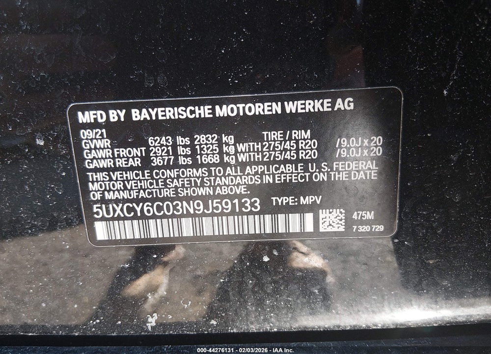 2022 BMW X6 XDRIVE40I VIN: 5UXCY6C03N9J59133