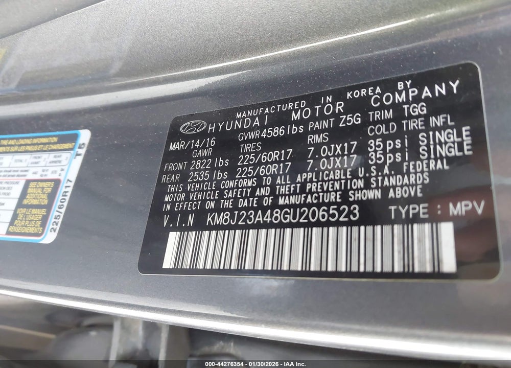 2016 HYUNDAI TUCSON SE VIN: KM8J23A48GU206523