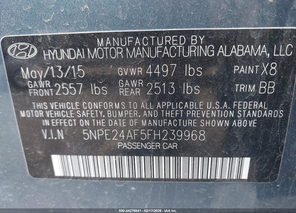 2015 HYUNDAI SONATA SE VIN: 5NPE24AF5FH239968