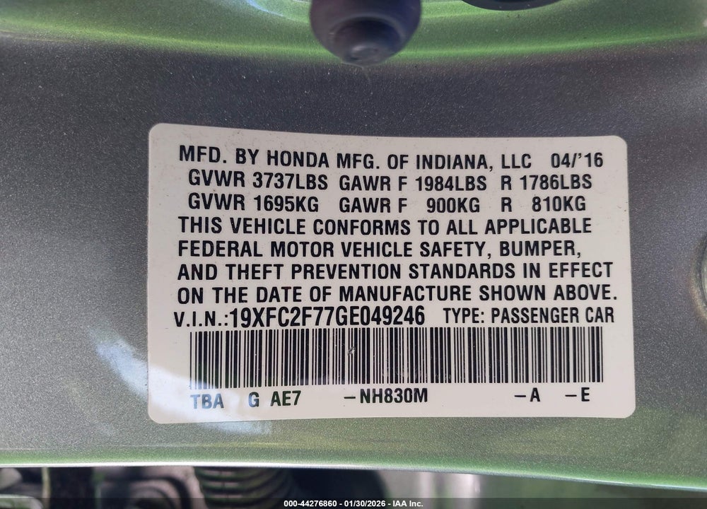 2016 HONDA CIVIC EX VIN: 19XFC2F77GE049246