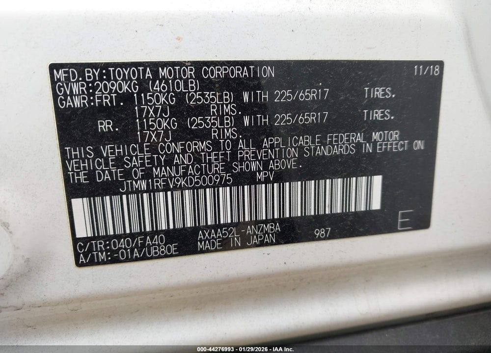 2019 TOYOTA RAV4 XLE VIN: JTMW1RFV9KD500975