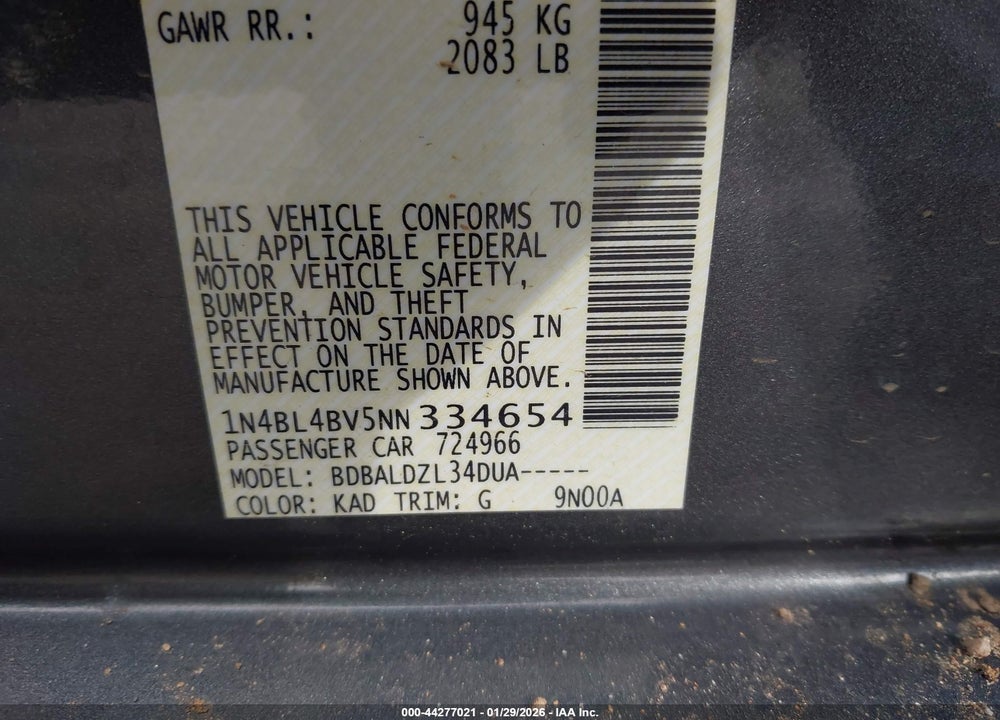 2022 NISSAN ALTIMA S FWD VIN: 1N4BL4BV5NN334654