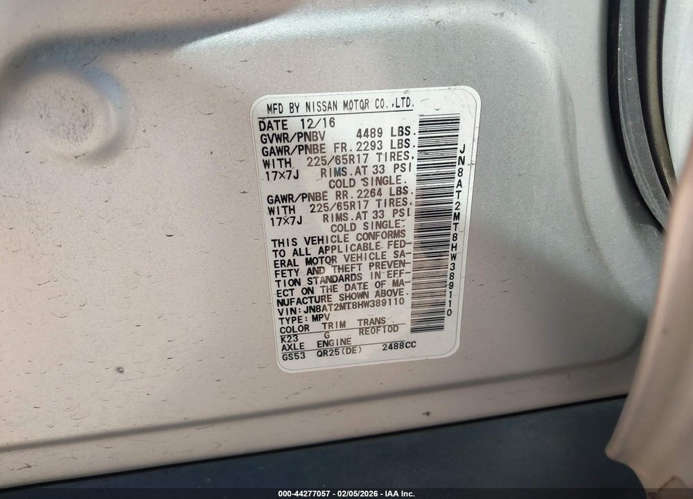 2017 NISSAN ROGUE S VIN: JN8AT2MT8HW389110
