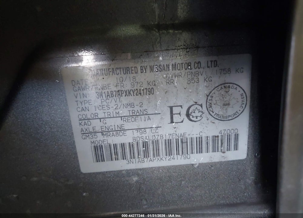 2019 NISSAN SENTRA S/SL/SR/SV VIN: 3N1AB7APXKY241790