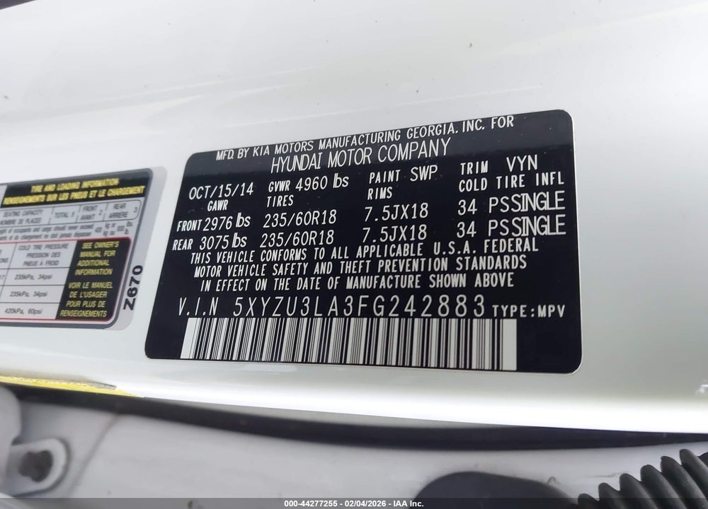 2015 HYUNDAI SANTA FE SPORT 2.0L TURBO VIN: 5XYZU3LA3FG242883