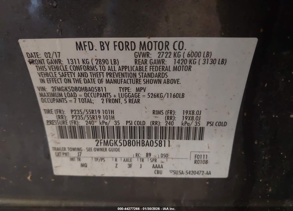 2017 FORD FLEX LIMITED VIN: 2FMGK5D80HBA05811
