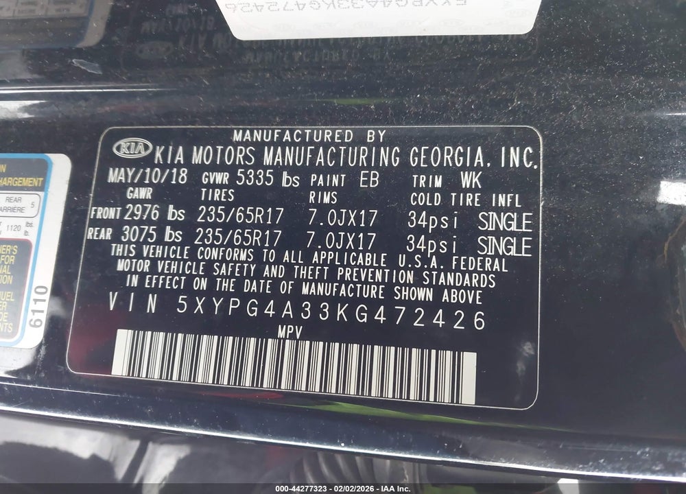 2019 KIA SORENTO 2.4L L VIN: 5XYPG4A33KG472426