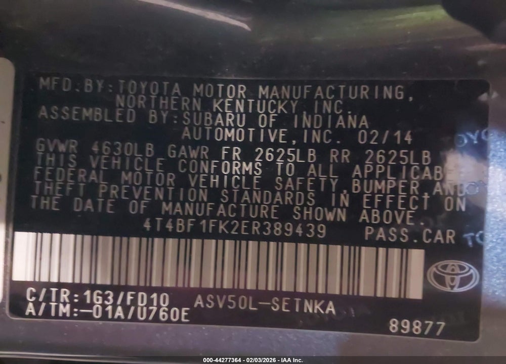 2014 TOYOTA CAMRY LE VIN: 4T4BF1FK2ER389439