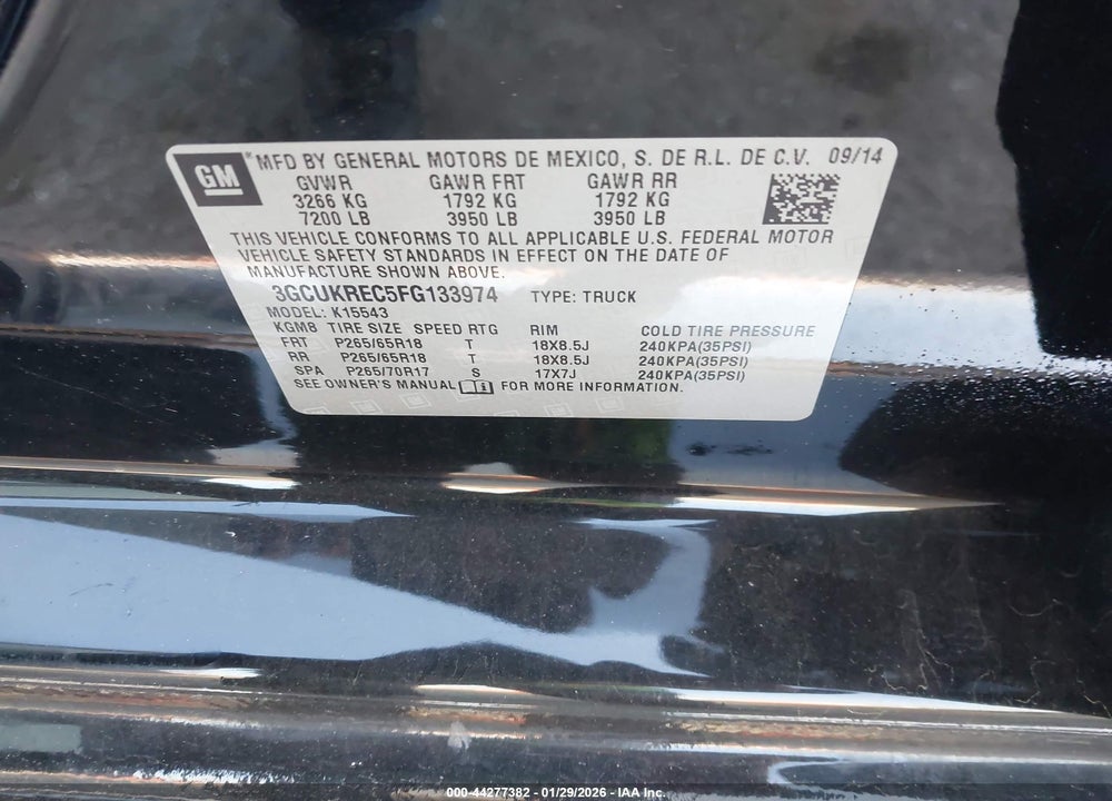 2015 CHEVROLET SILVERADO 1500 2LT VIN: 3GCUKREC5FG133974
