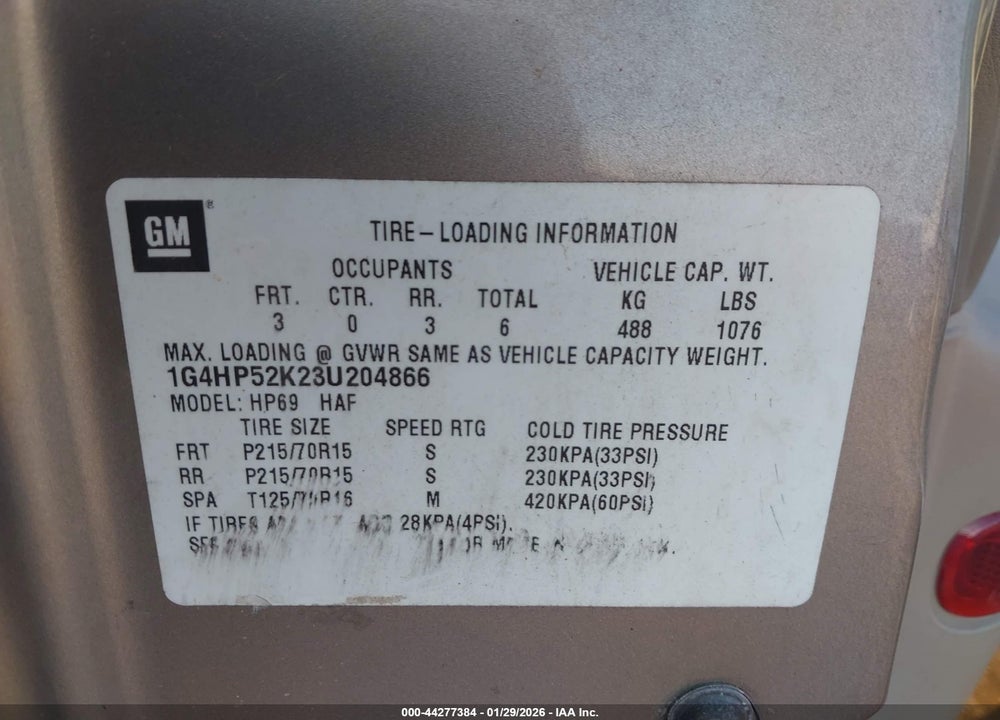 2003 BUICK LESABRE CUSTOM VIN: 1G4HP52K23U204866