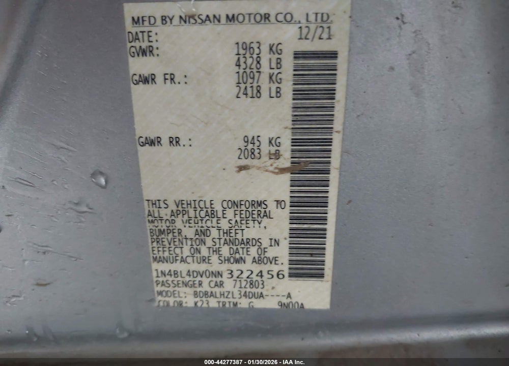 2022 NISSAN ALTIMA SV FWD VIN: 1N4BL4DV0NN322456