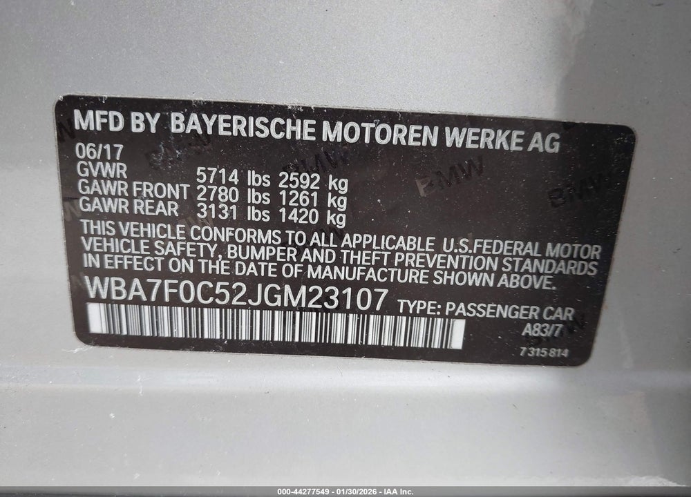 2018 BMW 750 VIN: WBA7F0C52JGM23107