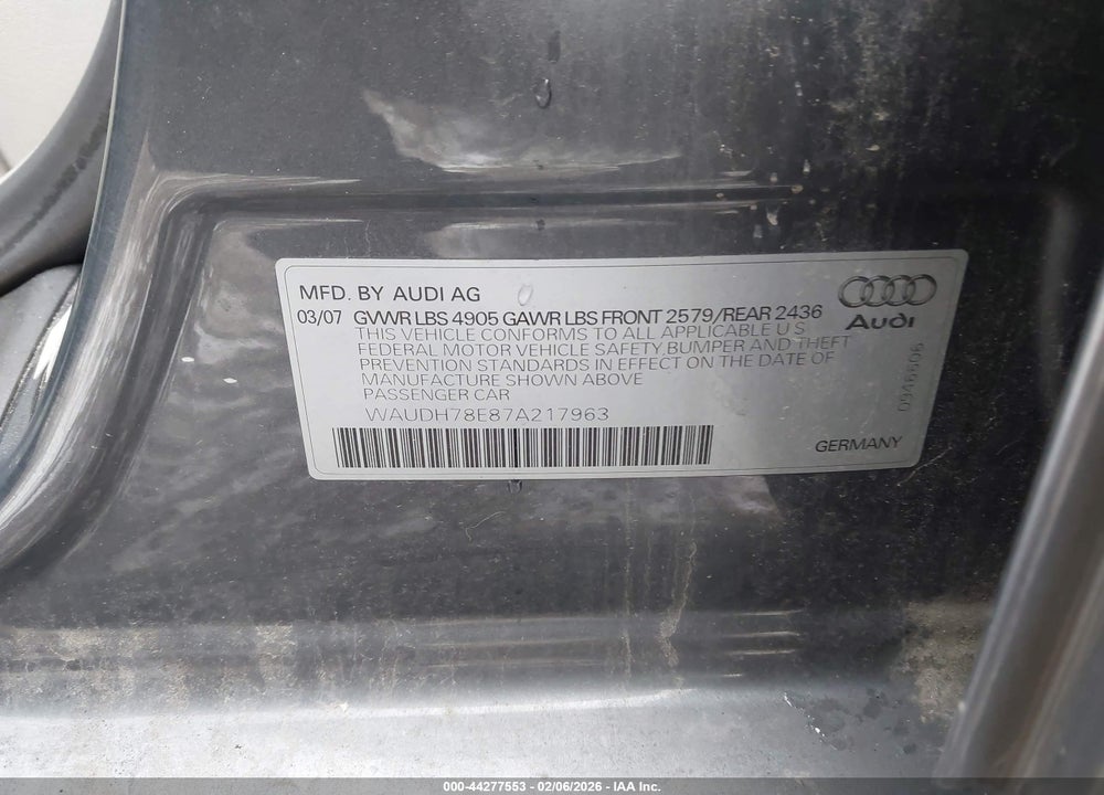 2007 AUDI A4 3.2 VIN: WAUDH78E87A217963