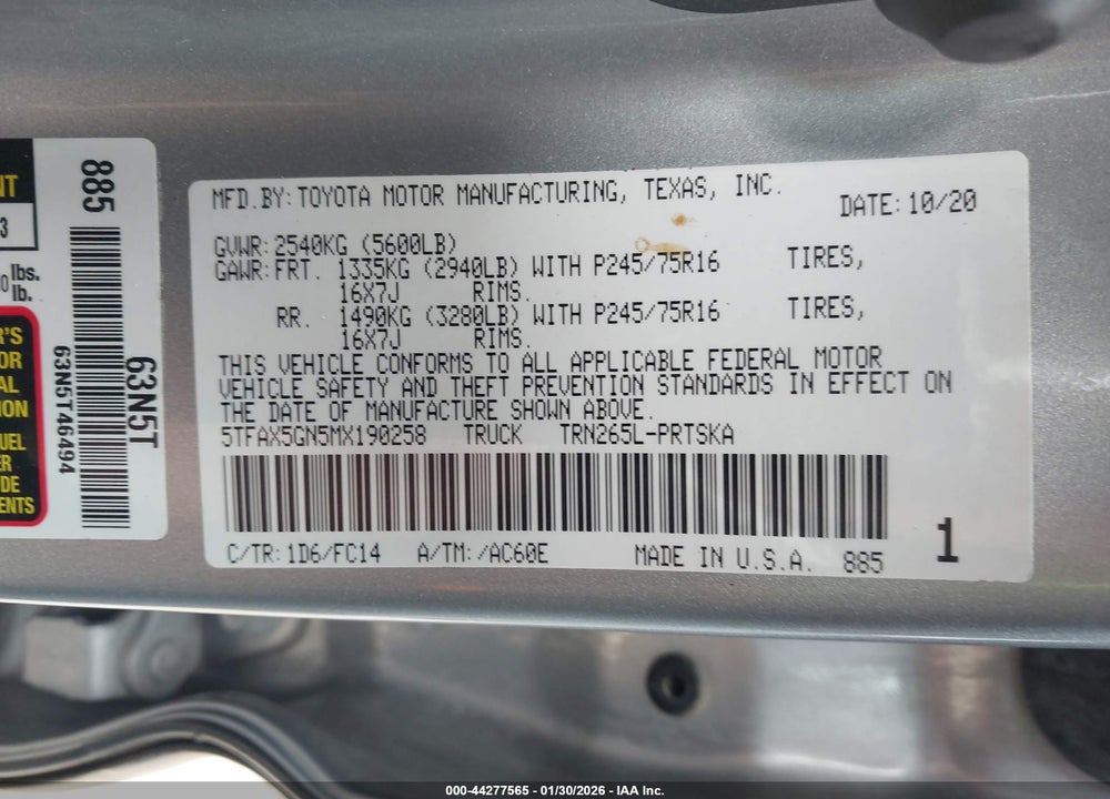 2021 TOYOTA TACOMA SR5 VIN: 5TFAX5GN5MX190258