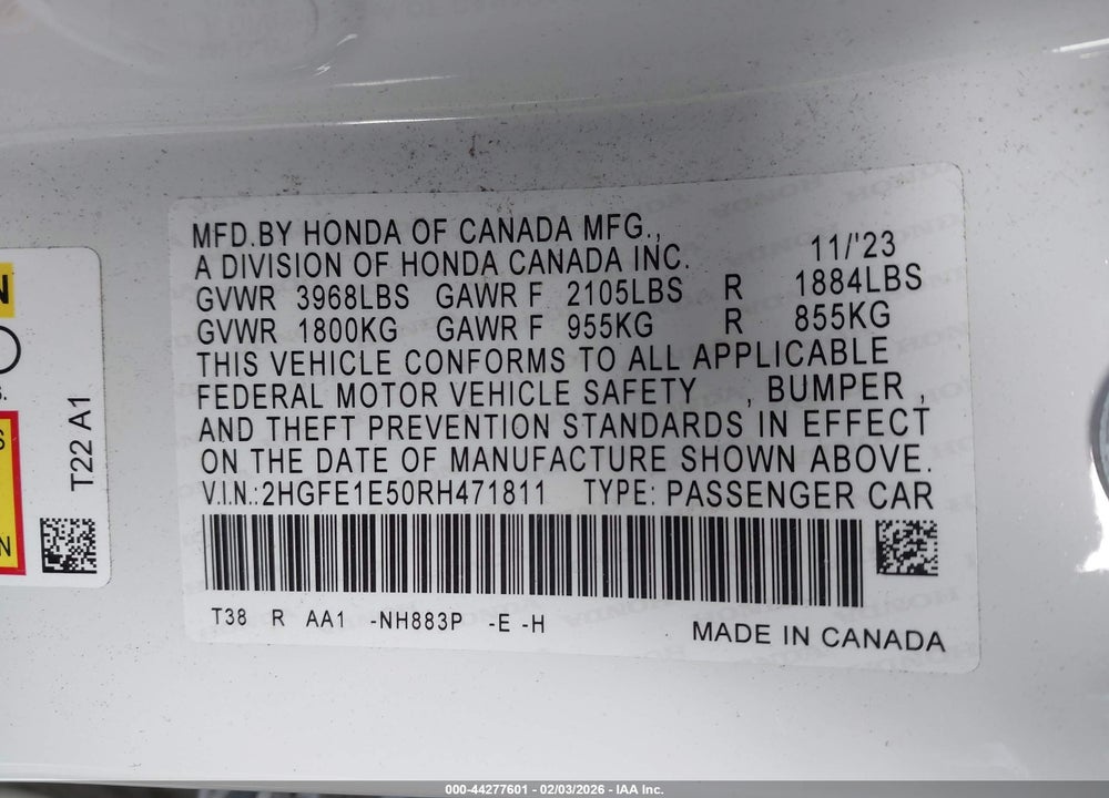 2024 HONDA CIVIC SI SEDAN VIN: 2HGFE1E50RH471811