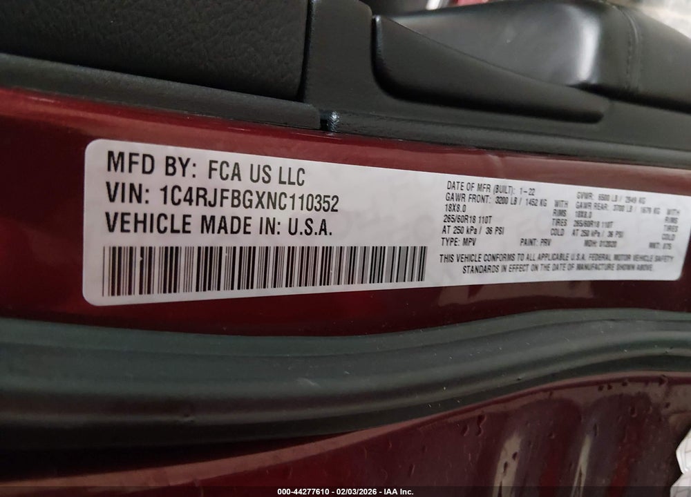 2022 JEEP GRAND CHEROKEE WK LIMITED 4X4 VIN: 1C4RJFBGXNC110352