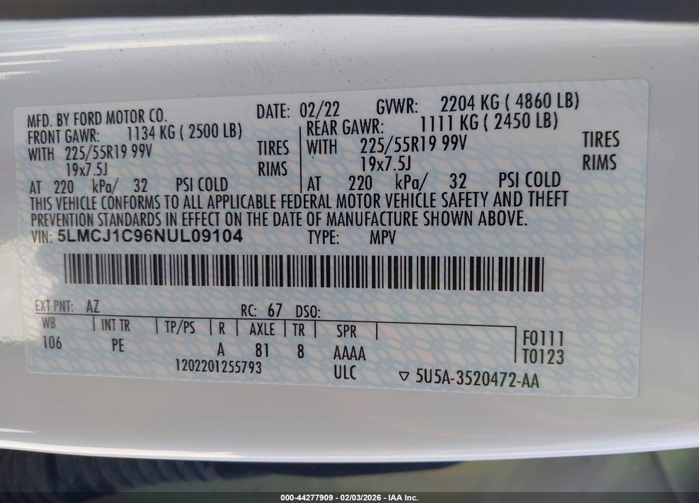 2022 LINCOLN CORSAIR STANDARD VIN: 5LMCJ1C96NUL09104