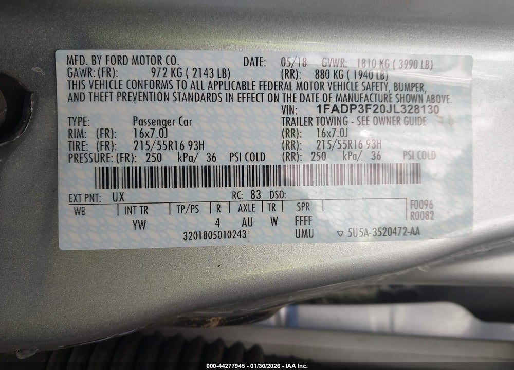 2018 FORD FOCUS SE VIN: 1FADP3F20JL328130