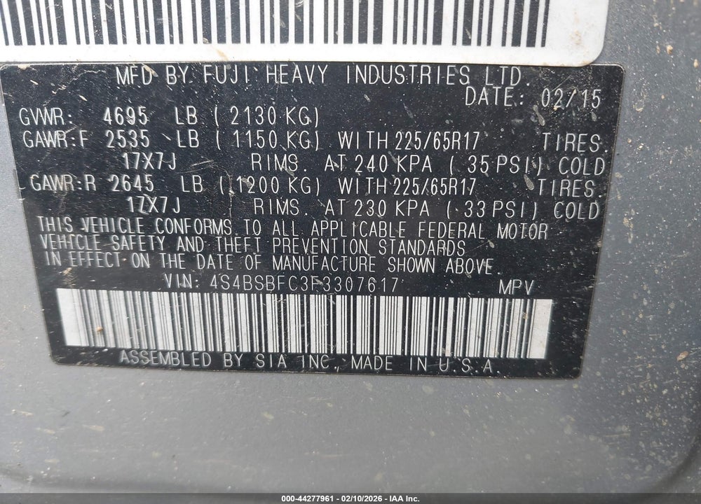 2015 SUBARU OUTBACK 2.5I PREMIUM VIN: 4S4BSBFC3F3307617