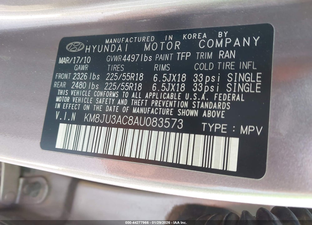 2010 HYUNDAI TUCSON LIMITED VIN: KM8JU3AC8AU083573