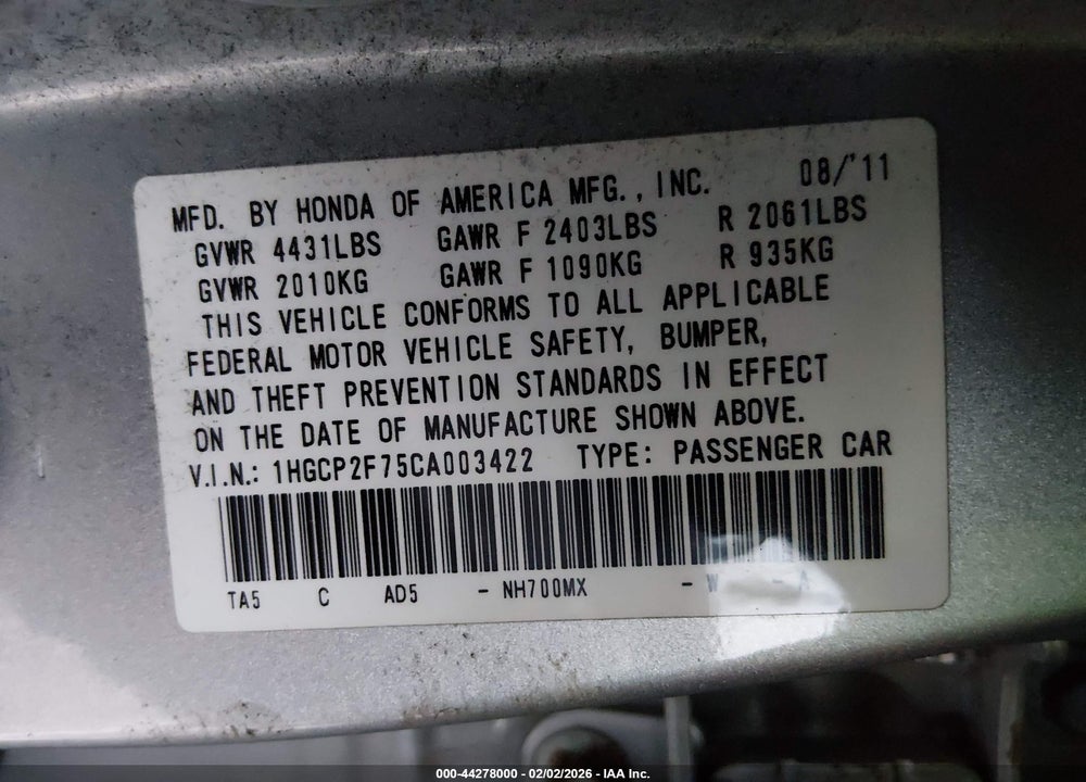 2012 HONDA ACCORD 2.4 EX VIN: 1HGCP2F75CA003422
