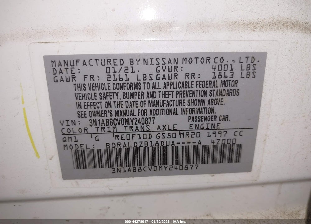 2021 NISSAN SENTRA SV XTRONIC CVT VIN: 3N1AB8CV0MY240877