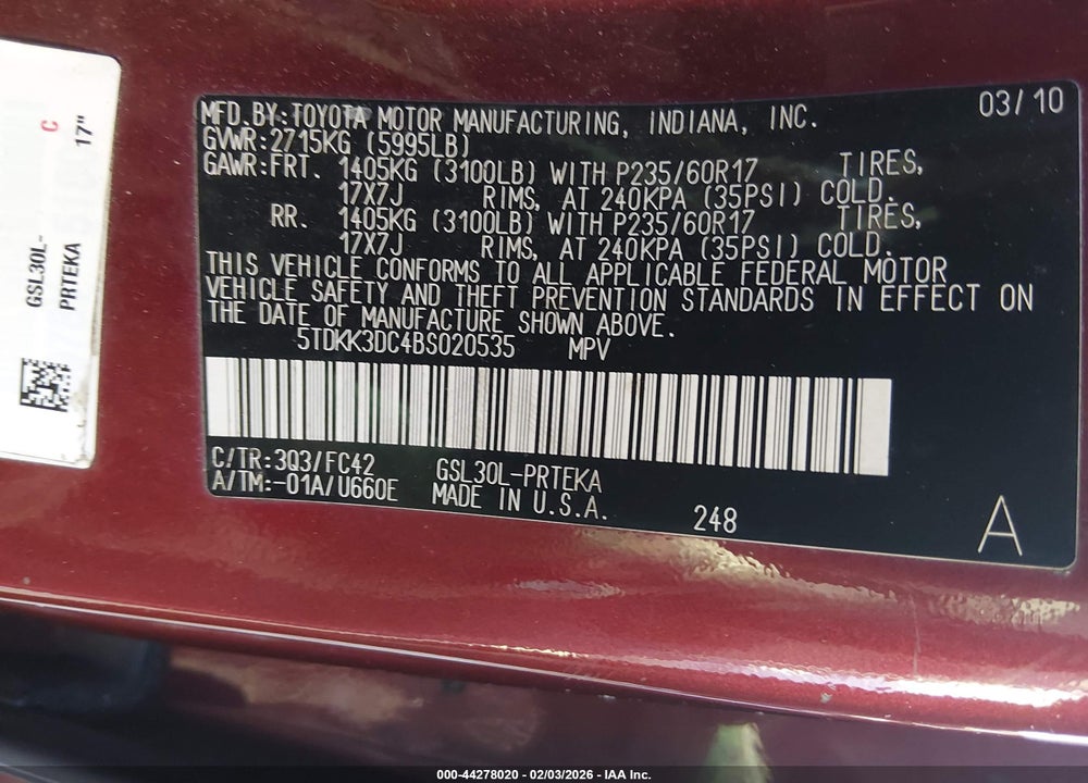 2011 TOYOTA SIENNA LE V6 VIN: 5TDKK3DC4BS020535