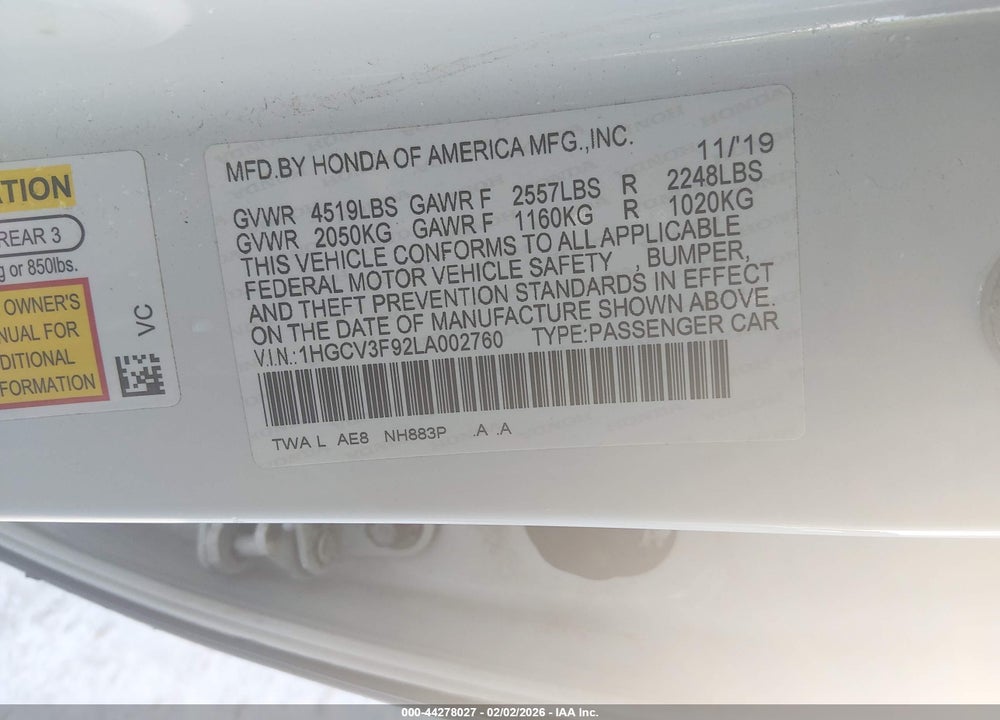 2020 HONDA ACCORD HYBRID TOURING VIN: 1HGCV3F92LA002760