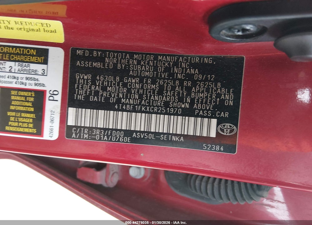 2012 TOYOTA CAMRY LE VIN: 4T4BF1FKXCR251970