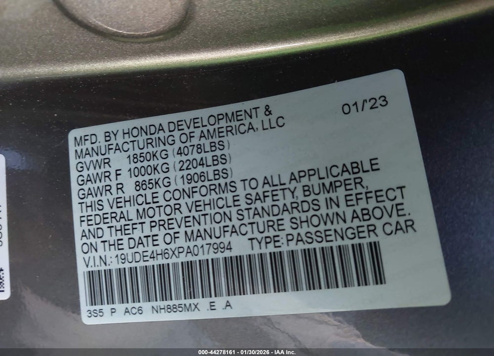 2023 ACURA INTEGRA A-SPEC TECHNOLOGY VIN: 19UDE4H6XPA017994