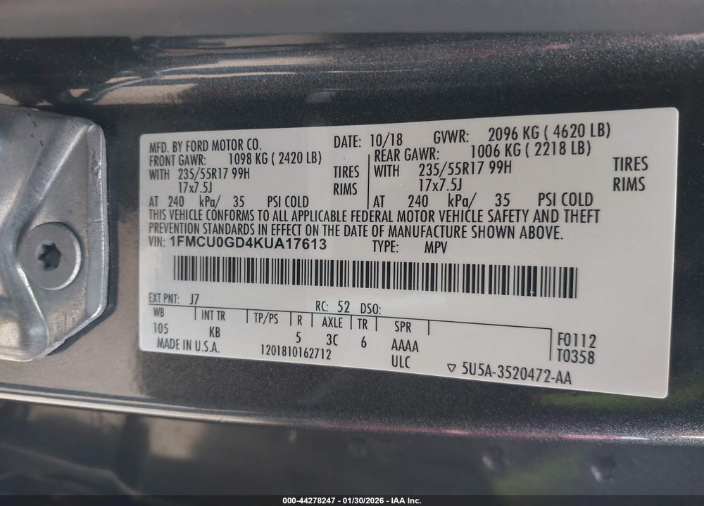 2019 FORD ESCAPE SE VIN: 1FMCU0GD4KUA17613