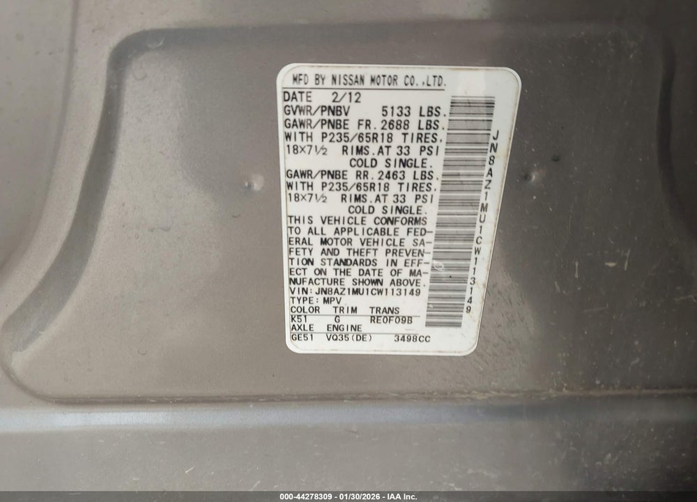 2012 NISSAN MURANO SL VIN: JN8AZ1MU1CW113149