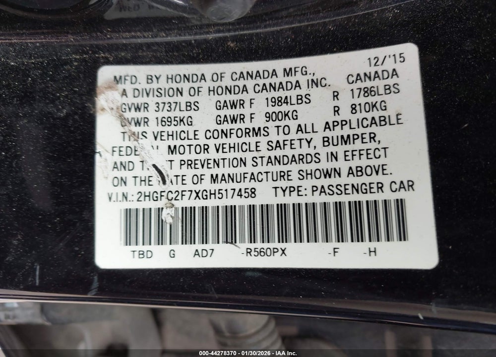 2016 HONDA CIVIC EX VIN: 2HGFC2F7XGH517458