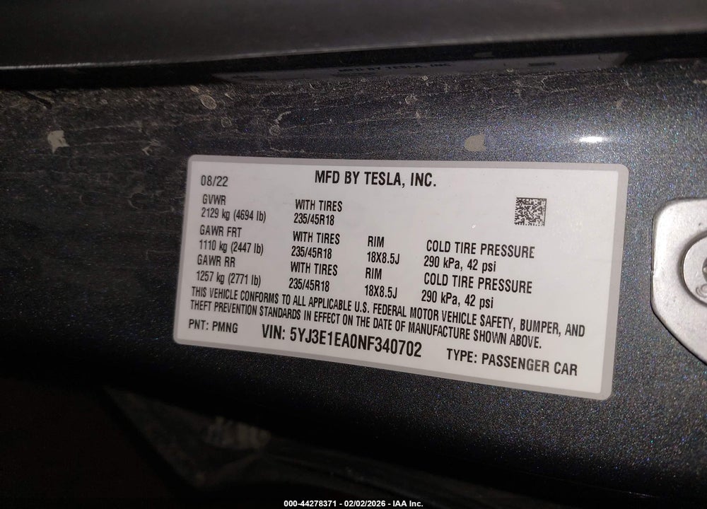 2022 TESLA MODEL 3 REAR-WHEEL DRIVE VIN: 5YJ3E1EA0NF340702