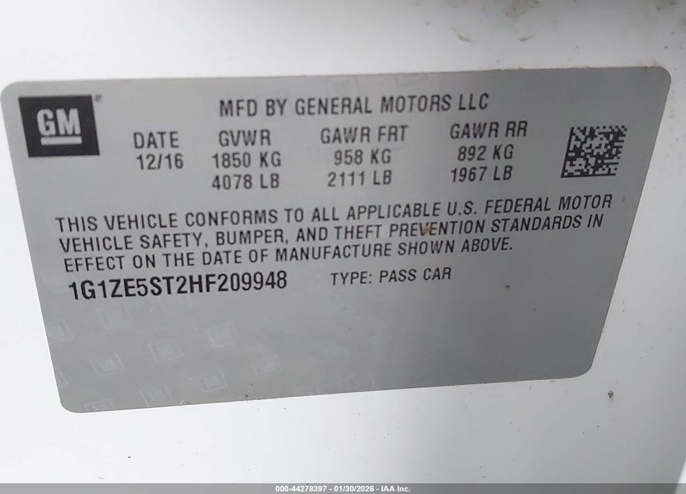 2017 CHEVROLET MALIBU 1LT VIN: 1G1ZE5ST2HF209948