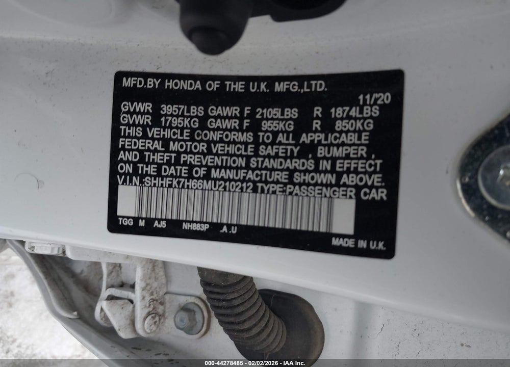 2021 HONDA CIVIC EX VIN: SHHFK7H66MU210212