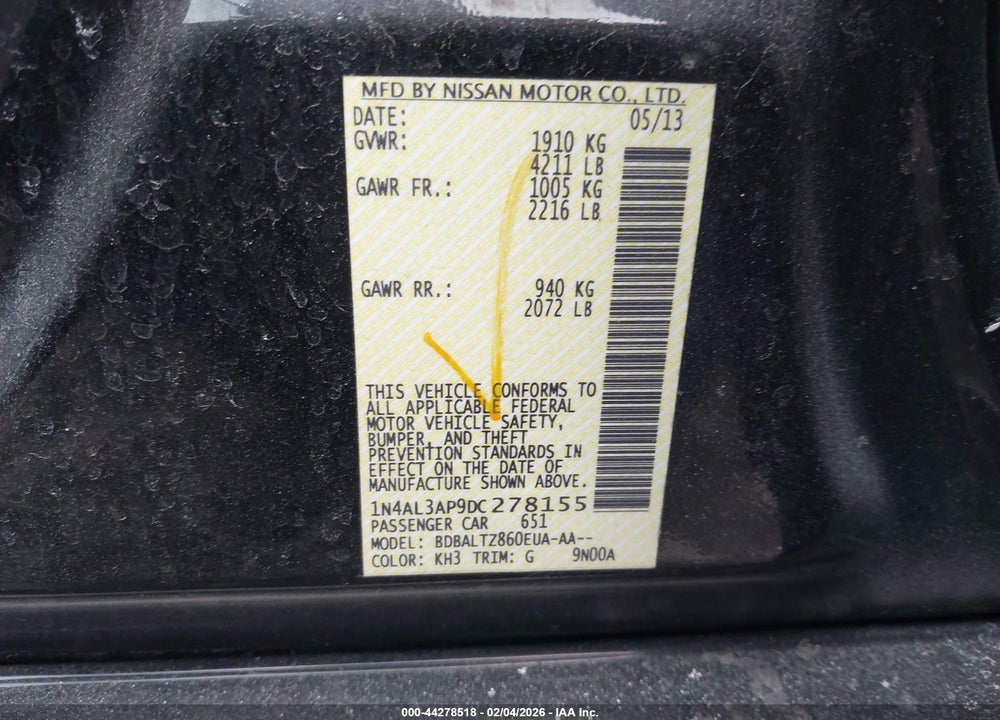 2013 NISSAN ALTIMA 2.5 SV VIN: 1N4AL3AP9DC278155