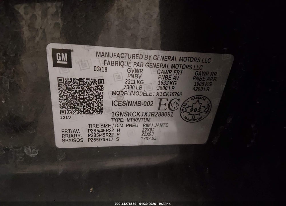 2018 CHEVROLET TAHOE PREMIER VIN: 1GNSKCKJXJR288091