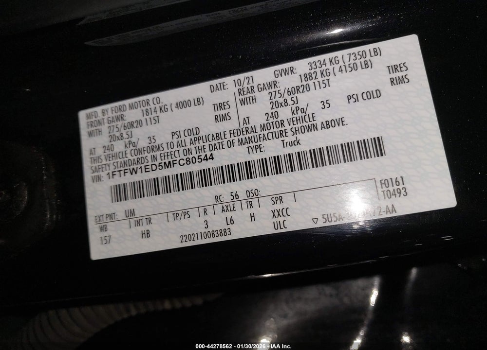 2021 FORD F-150 LARIAT VIN: 1FTFW1ED5MFC80544