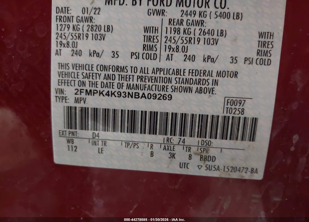 2022 FORD EDGE TITANIUM VIN: 2FMPK4K93NBA09269