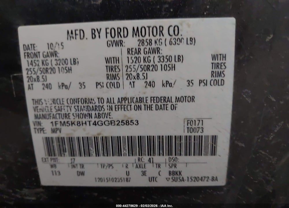 2016 FORD EXPLORER PLATINUM VIN: 1FM5K8HT4GGB25853