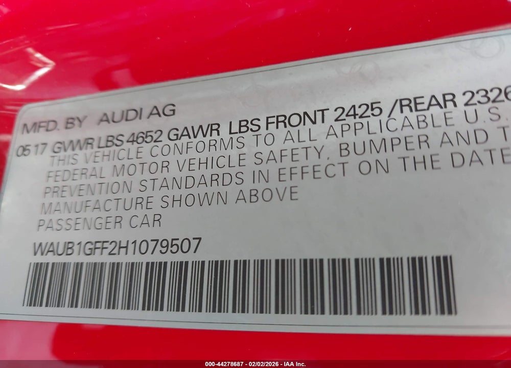 2017 AUDI S3 2.0T PREMIUM PLUS VIN: WAUB1GFF2H1079507