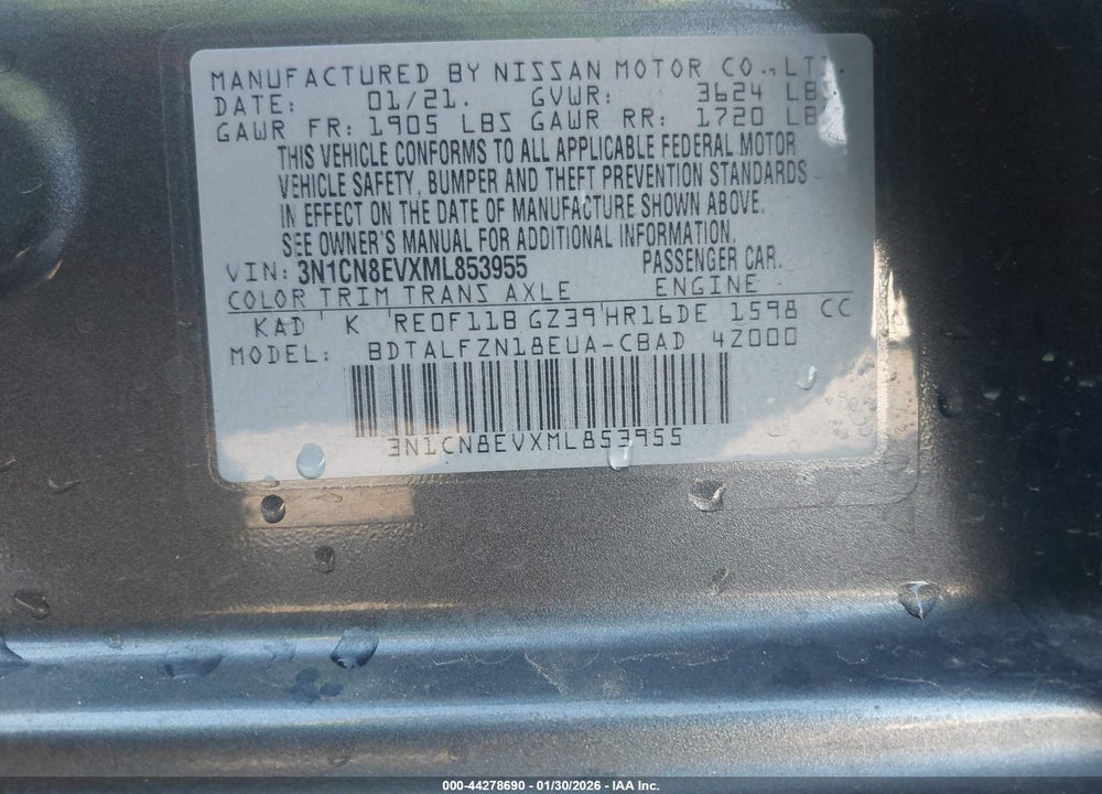 2021 NISSAN VERSA SV VIN: 3N1CN8EVXML853955