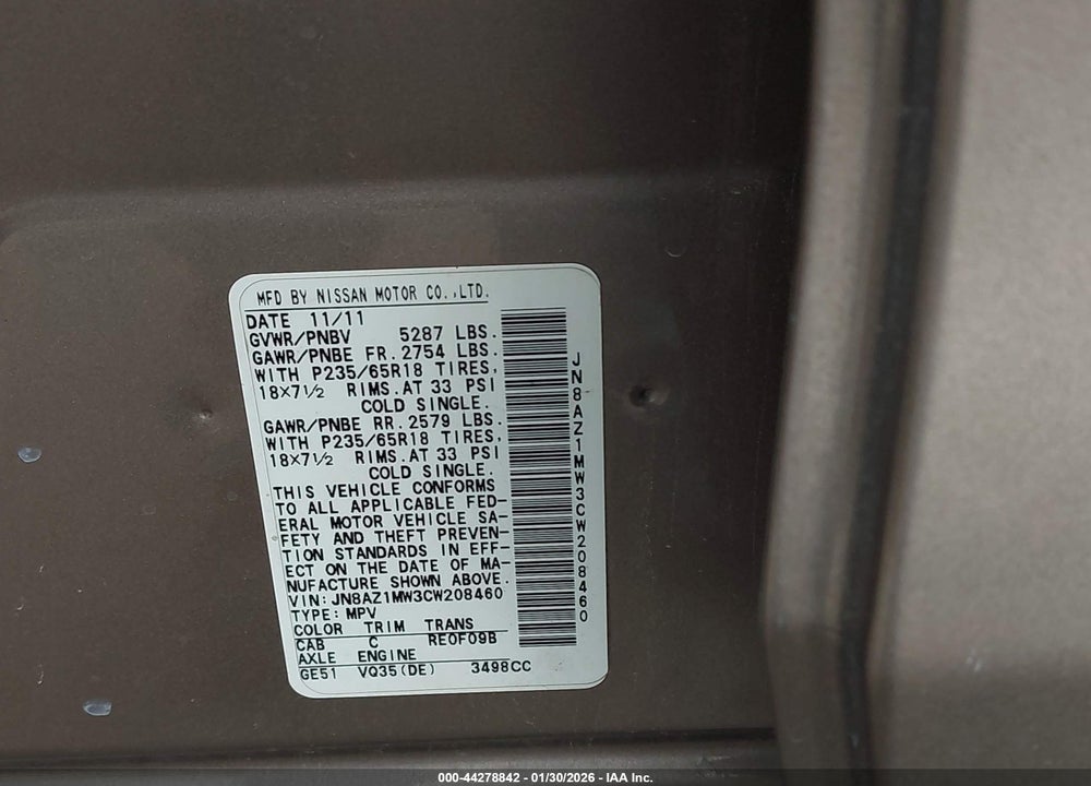 2012 NISSAN MURANO SV VIN: JN8AZ1MW3CW208460