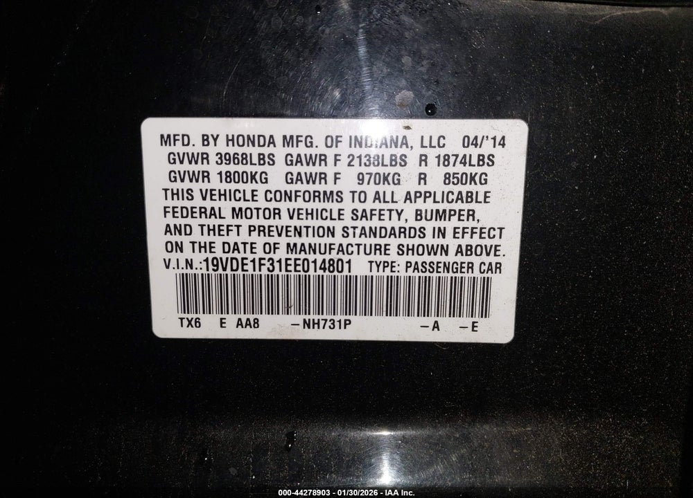 2014 ACURA ILX 2.0L VIN: 19VDE1F31EE014801